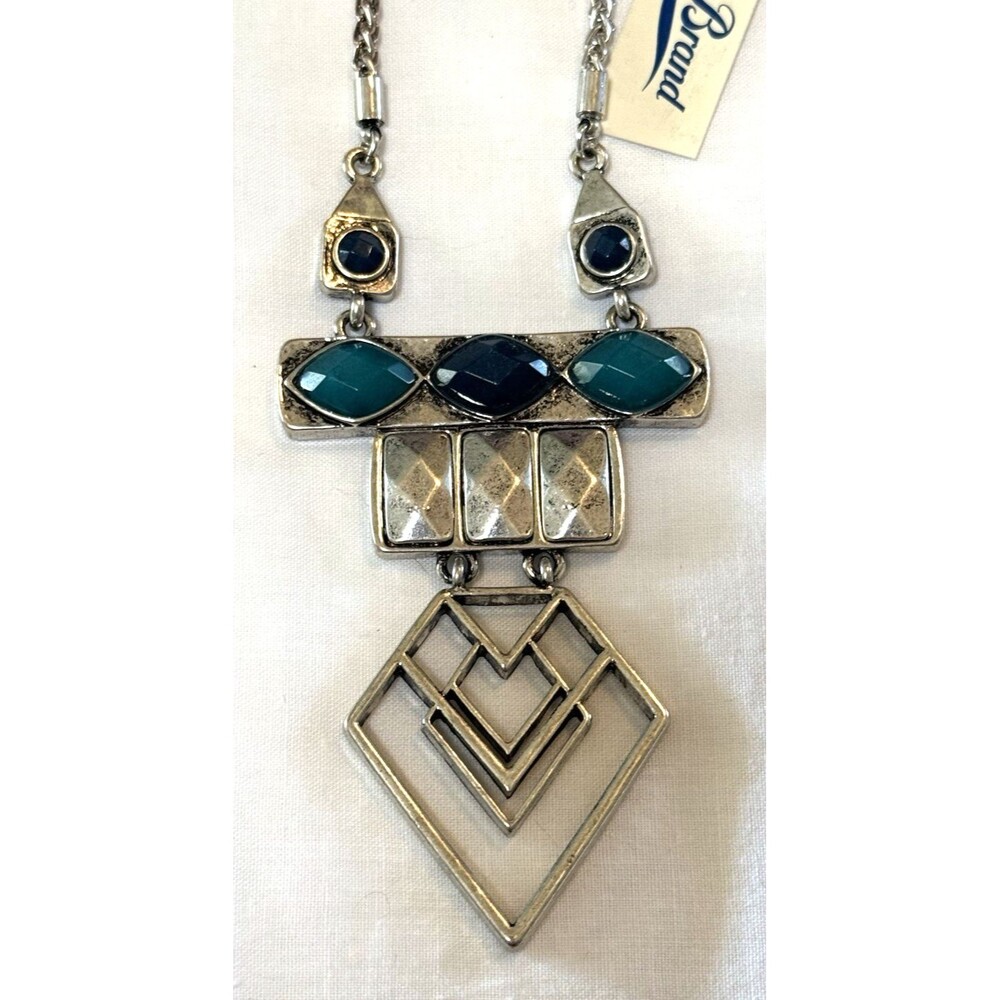 Lucky Art Deco Necklace Silver Tone With Semi Precious Accents 16"